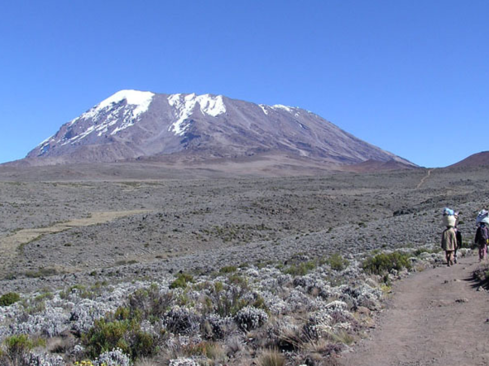 A distant view of Mount Kilimanjaro under clear skies, showcasing the snow-capped summit along the Lemosho Route