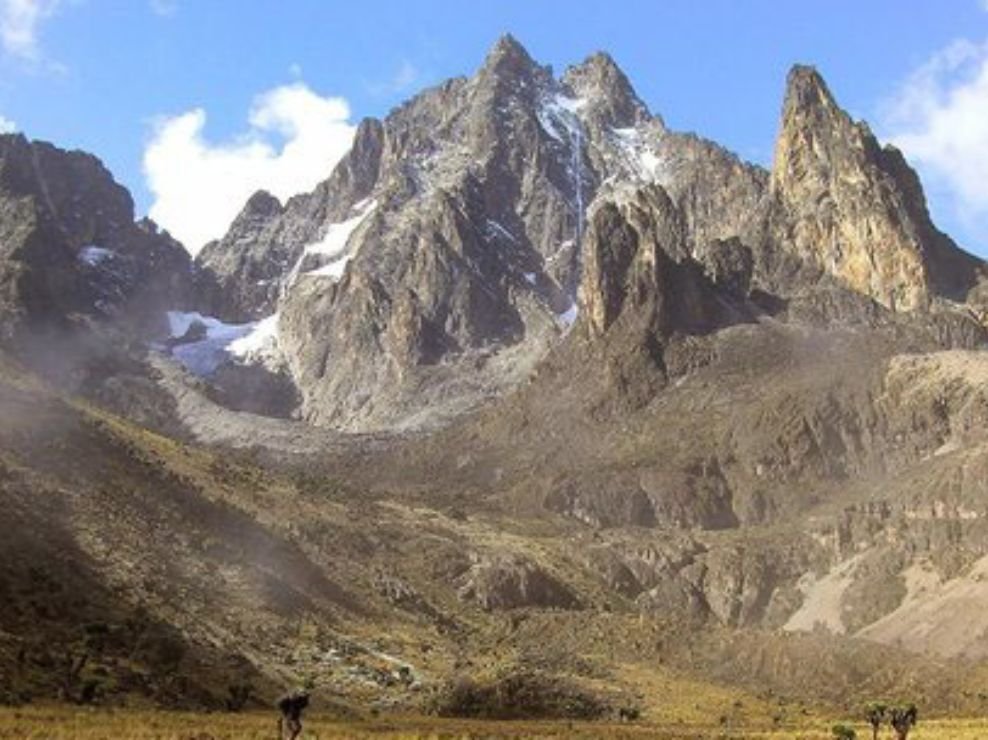 Jagged snow-capped peaks of Mount Kenya under clear skies during the 4 Days Naro Moru to Sirimon Route trek