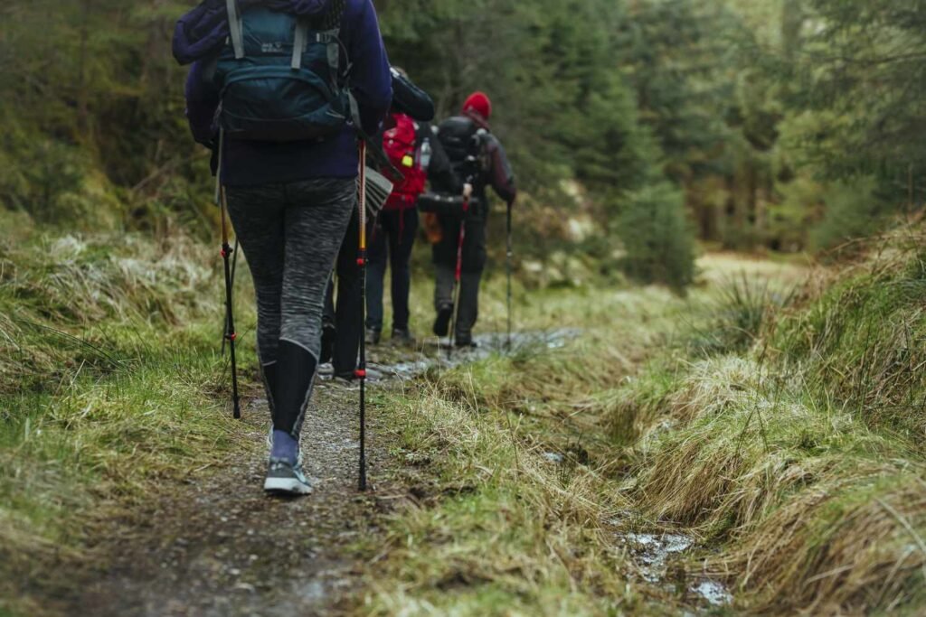 Group of hikers on a trail showcasing essential gear for a hikers starter pack.