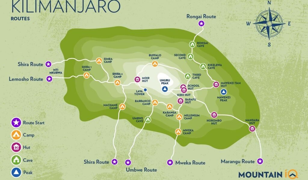 Map of Kilimanjaro trekking routes showing different trails to the summit for hikers and climbers.