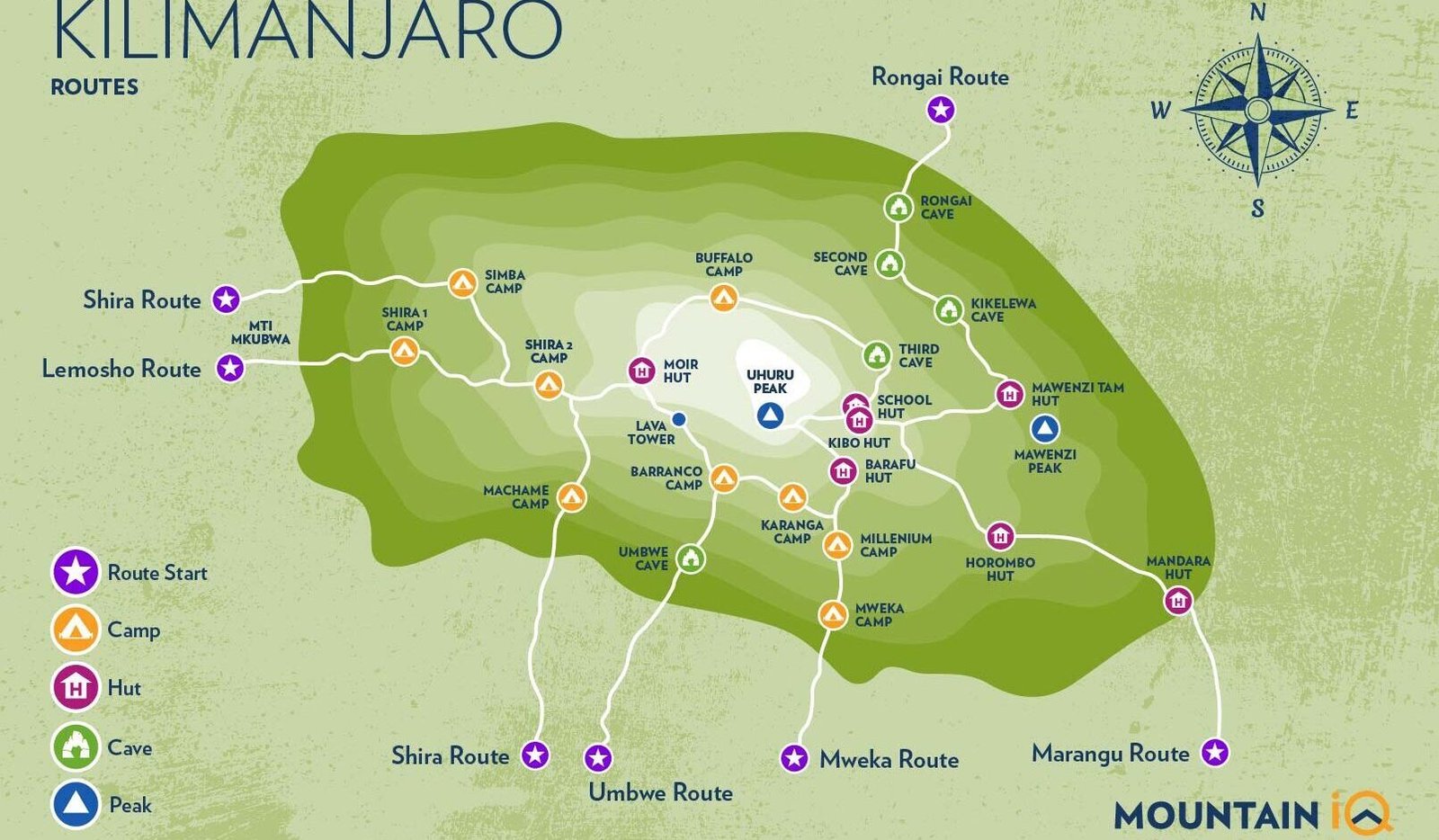Map of Kilimanjaro trekking routes showing different trails to the summit for hikers and climbers.