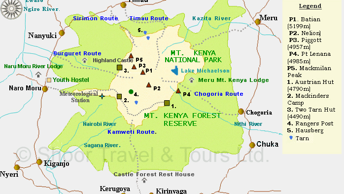 Detailed map of Mt Kenya climbing routes showing paths, peaks, and trail options for trekkers and mountaineers.
